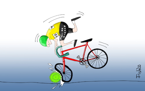 Cartoon: Tour de France vor Absage (medium) by Fish tagged tour,de,france,radrennen,rennrad,radrennfahrer,absage,corona,covid,19,epidemie,seuche,pandemie,fishwettkamp,uci