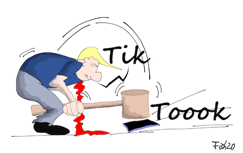 Cartoon: Trump verbietet TikTok (medium) by Fish tagged trump,usa,tiktok,sperrung,wechat,messanger,dienst,internet,spionage,verbot,verbieten