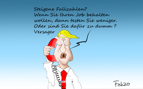 Cartoon: USA Steigende Fallzahlen (medium) by Fish tagged usa,trump,corona,covid,19,sars,cov,fallzahlen,anstreckung,tod,pandemie,lockdown,dumm,versager,job,testen