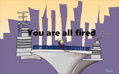 Cartoon: You are all fired (medium) by Fish tagged usa,militär,sodaten,flugzeugträger,george,floyd,minneapolis,gealt,gegen,schwarze,polizeigewalt,polizei,einsatz,festnahme,can,not,breath,proteste,demonstrationen,demonstranten,soldaten,trump,fish,ihr,seid,alle,gefeuert,entlassen,you,are,all,fired