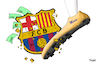 Cartoon: FC Barcelona insolvent (small) by Fish tagged fussball,messi,fc,barcelona,gehälter,insolvenz,schulden,fussballer,wappen,fussballschuh,gehaltsobergrenze,financial,fair,play,verein,fussballverein,spieler