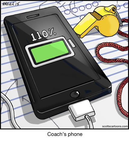 Cartoon: Coachs Phone (medium) by noodles tagged cell,phone,sports,110,percent,charging,charger,coach