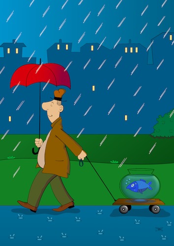 Cartoon: Flaneur (medium) by Pinella tagged spaziergänger,fisch,regen,regenschirm