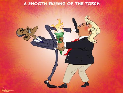 Cartoon: A Smooth Passing of the Torch (medium) by NEM0 tagged obama,trump,us,usa,president,inauguration,protest,riot,chaos,disrupt,j20,leader,leadership,democrat,republican,independent,leftist,nemo,nem0,obama,trump,us,usa,president,inauguration,protest,riot,chaos,disrupt,j20,leader,leadership,democrat,republican,independent,leftist