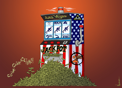 Cartoon: Las Vegas Gun Control Jackpot (medium) by NEM0 tagged las,vegas,gun,control,2nd,amendment,fbi,paddock,police,lone,wolf,shooter,mass,shooting,coverup,usa,america,firearms,bumpstock,weapons,disarmament,isis,bullets,ammo,ammunition,lottery,videolottery,jackpot,las,vegas,gun,control,2nd,amendment,fbi,paddock,police,lone,wolf,shooter,mass,shooting,coverup,usa,america,firearms,bumpstock,weapons,disarmament,isis,bullets,ammo,ammunition,lottery,videolottery,casino,jackpot