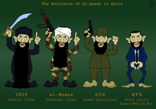 Cartoon: Woke al-Qaeda (medium) by NEM0 tagged us,washington,biden,blinken,russia,moscow,syria,israel,lebanon,iran,bashar,assad,idlib,aleppo,damascus,middle,east,west,asia,cia,al,qaeda,isis,isil,nusra,hts,hayat,tahrir,sham,liberation,of,the,levant,baghdadi,jolani,jihad,terror,faction,anti,regime,radical,moderate,islamist,rebel,revolution,opposition,transnational,intervention,national,axis,resistance,militias,iraq,hezbollah,beard,scimitar,camo,blazer,hugo,boss,whitewash,groomed,brand,rebrand,nemo