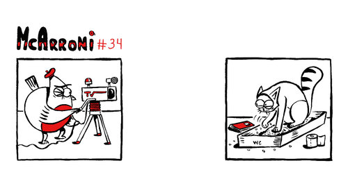 Cartoon: McArroni nro. 34 (medium) by julianloa tagged mcarroni,bird,cat,tv,bathroom,wc,shooting