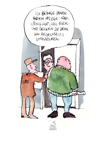 Cartoon: Pflege (medium) by Koppelredder tagged pflege,pflegekind,ups,lieferservice,neonazi,nazi,skinhead,bier,umtopfen,pflege,pflegekind,ups,lieferservice,neonazi,nazi,skinhead,bier,umtopfen