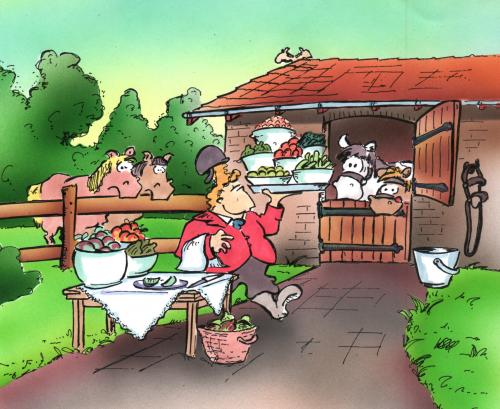 Cartoon: animalfeed (medium) by HSB-Cartoon tagged animals,feed,horse,futter,tier,bauernhof,jockey,pferd,stall,gesundheit,wohlergehen,rennpferd,priorität