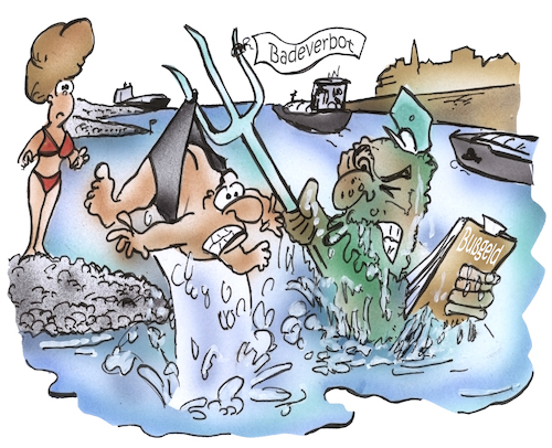Cartoon: Badeverbot im Fließgewässer (medium) by HSB-Cartoon tagged badeverbot,schwimmverbot,fließgewässer,fluss,fluß,flussströömung,wasserströmung,buhnenkopf,buhnenköpfe,wasserpolizei,wapo,rhein,schiffsverkehr,wasserstrudel,untiefe,nichtschwimmer,dlrg
