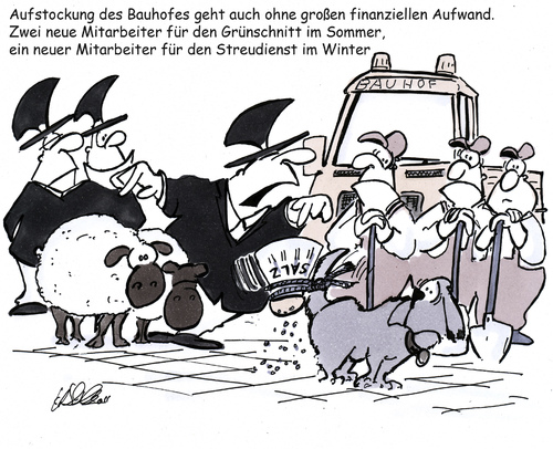 Cartoon: Bauhofmitarbeiter (medium) by HSB-Cartoon tagged bauhof,stadt,stadtangestellte,mitarbeier,bauarbeiter,politiker,gemeinde,finanzen,wirtschaft,schaf,hund,streudienst,grünschnitt,cartoon,karikatur,heinz,schwarze,blanke,schwarzeblanke