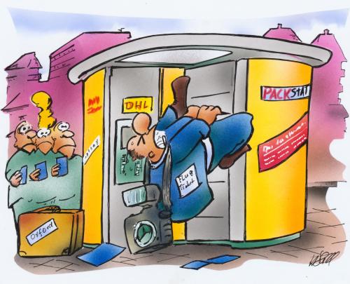 Cartoon: DHL Packstation (medium) by HSB-Cartoon tagged dhl,packstation,paket,post,dhl,packstation,paket,post,job,beruf,arbeit