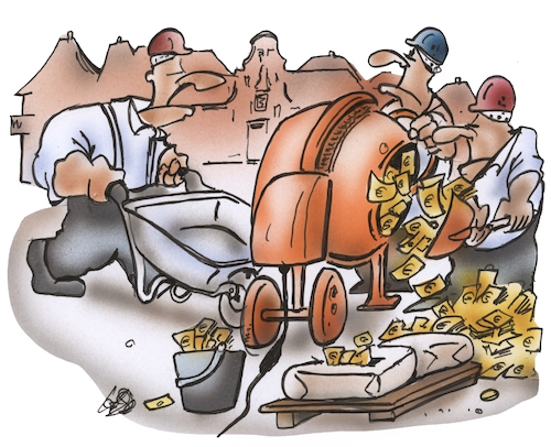 Cartoon: Fördergelder in der Baubranche (medium) by HSB-Cartoon tagged fördergeld,fördermassnahme,fördermaßnahme,fördermittel,baustelle,hausbau,straßenbau,bauprojekt,bauarbeiten,sanierung,modernisierung,cartoonzeichner,bauarbeiter,bauhandwerker,miscchmaschine,zuwendungsbesccheid,förderbank,nrwbank,karikatur,karikaturist,politiik,finanzierung,finanzen,zuwendung,fördergeld,fördermassnahme,fördermaßnahme,fördermittel,baustelle,hausbau,straßenbau,bauprojekt,bauarbeiten,sanierung,modernisierung,cartoonzeichner,bauarbeiter,bauhandwerker,miscchmaschine,zuwendungsbesccheid,förderbank,nrwbank,karikatur,karikaturist,politiik,finanzierung,finanzen,zuwendung