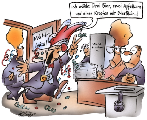 Cartoon: Karnevalswahl2 (medium) by HSB-Cartoon tagged wahl,wahltag,bundestagswahl,neuwahl,abwahl,wahllokal,wahlurne,karikatur,arneval,fasching,narr,helau,alaaf,wahl,wahltag,bundestagswahl,neuwahl,abwahl,wahllokal,wahlurne,karikatur,arneval,fasching,narr,helau,alaaf