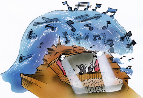 Cartoon: Music  Wave (medium) by HSB-Cartoon tagged music,wave,sound,guitar,stage,town,water,cartoon,caricature,airbrush