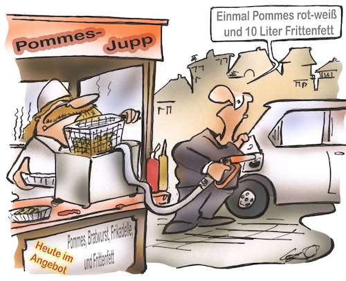 Cartoon: Pommesbudetankstelle (medium) by HSB-Cartoon tagged frittenfett,pommes,pommesfett,pommesbude,friteuse,braten,garen,rösten,tanken,tankstelle,energie,alternativ,sprit,diesel,autofahrer,kraftstoff,umweltschutz,naturschutz,frittenfett,pommes,pommesfett,pommesbude,friteuse,braten,garen,rösten,tanken,tankstelle,energie,alternativ,sprit,diesel,autofahrer,kraftstoff,umweltschutz,naturschutz