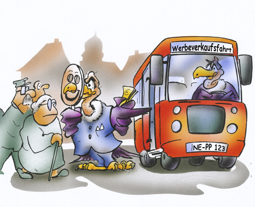 Cartoon: Werbeverkaufsfahrt (medium) by HSB-Cartoon tagged werbung,verkauf,verkaufsfahrt,werbeverkaufsfahrt,bus,bustour,geier,verkäufer,nepp,nepper,kunde