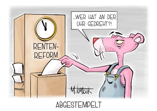 Cartoon: Abgestempelt (medium) by Mirco Tomicek tagged rente,rentenreform,reform,reformen,rentner,renten,koalition,spd,cdu,union,regierung,arbeit,soziales,pink,panther,karikatur,cartoon,pressekarikatur,mirco,tomicek,rente,rentenreform,reform,reformen,rentner,renten,koalition,spd,cdu,union,regierung,arbeit,soziales,pink,panther,karikatur,cartoon,pressekarikatur,mirco,tomicek