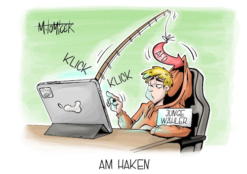 Cartoon: Am Haken (medium) by Mirco Tomicek tagged brandenburg,landtagswahl,landtagswahlen,ergebnisse,afd,erfolg,erfolge,alternative,für,deutschland,medien,medienbildung,schüler,schülerinnen,lehrer,lehrkräfte,medienkonsum,falschmeldung,lehrerverband,lehrerverbände,junge,wähler,jugendliche,gewählt,internet,social,media,gefahren,rechts,ruck,karikatur,pressekarikatur,cartoon,mirco,tomicek,brandenburg,landtagswahl,landtagswahlen,ergebnisse,afd,erfolg,erfolge,alternative,für,deutschland,medien,medienbildung,schüler,schülerinnen,lehrer,lehrkräfte,medienkonsum,falschmeldung,lehrerverband,lehrerverbände,junge,wähler,jugendliche,gewählt,internet,social,media,gefahren,rechts,ruck,karikatur,pressekarikatur,cartoon,mirco,tomicek