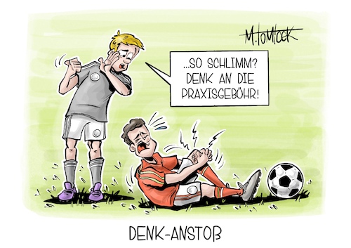 Cartoon: Denk-Anstoß (medium) by Mirco Tomicek tagged erste,bundesliga,startet,fußball,fußballer,spiel,fußballspiel,eröffnungsspiel,tore,faul,arzt,ärzte,praxen,arztpraxis,klinik,gebühr,praxisgebühr,praxisgebühren,debatte,gesundheit,karikatur,pressekarikatur,cartoon,mirco,tomicek,erste,bundesliga,startet,fußball,fußballer,spiel,fußballspiel,eröffnungsspiel,tore,faul,arzt,ärzte,praxen,arztpraxis,klinik,gebühr,praxisgebühr,praxisgebühren,debatte,gesundheit,karikatur,pressekarikatur,cartoon,mirco,tomicek