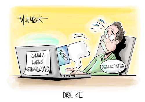 Cartoon: Dislike (medium) by Mirco Tomicek tagged us,wahlkampf,usa,amerika,kamala,harris,abstimmung,nominieren,nominierung,demokraten,digital,präsidentschaftswahl,präsidentschaft,kandidatin,donald,trump,karikatur,pressekarikatur,cartoon,mirco,tomicek,us,wahlkampf,usa,amerika,kamala,harris,abstimmung,nominieren,nominierung,demokraten,digital,präsidentschaftswahl,präsidentschaft,kandidatin,donald,trump,karikatur,pressekarikatur,cartoon,mirco,tomicek