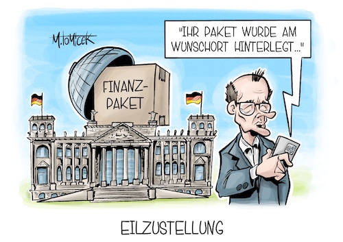 Cartoon: Eilzustellung (medium) by Mirco Tomicek tagged finanzpaket,paket,finanzen,finanz,milliardenpaket,sondervermögen,vermögen,sonderausgaben,schuldenbremse,aufrüstung,verteidigung,wirtschaft,spd,union,friedrich,merz,bundestag,karikatur,pressekarikatur,cartoon,mirco,tomicek,finanzpaket,paket,finanzen,finanz,milliardenpaket,sondervermögen,vermögen,sonderausgaben,schuldenbremse,aufrüstung,verteidigung,wirtschaft,spd,union,friedrich,merz,bundestag,karikatur,pressekarikatur,cartoon,mirco,tomicek