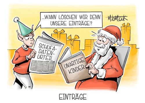 Cartoon: Einträge (medium) by Mirco Tomicek tagged schufa,einträge,daten,auskunft,auskünfte,schulden,unbezahlt,rechnungen,schwarzbuch,bgh,urteil,bundesgerichtshof,gericht,revision,klage,schuldner,unartige,kinder,weihnachtsmann,wunschzettel,karikatur,pressekarikatur,cartoon,mirco,tomicek,schufa,einträge,daten,auskunft,auskünfte,schulden,unbezahlt,rechnungen,schwarzbuch,bgh,urteil,bundesgerichtshof,gericht,revision,klage,schuldner,unartige,kinder,weihnachtsmann,wunschzettel,karikatur,pressekarikatur,cartoon,mirco,tomicek