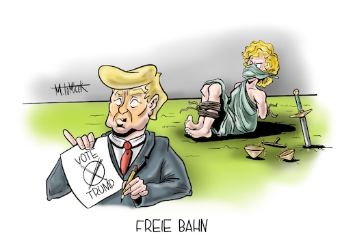 Cartoon: Freie Bahn (medium) by Mirco Tomicek tagged donald,trump,usa,wahl,us,präsident,president,wahlkampf,election,niederlage,wahlen,justizia,justiz,vote,amerika,politik,america,karikatur,cartoon,mirco,tomicek,donald,trump,usa,wahl,us,präsident,president,wahlkampf,election,niederlage,wahlen,justizia,justiz,vote,amerika,politik,america,karikatur,cartoon,mirco,tomicek