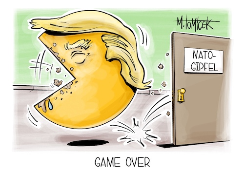 Cartoon: Game Over (medium) by Mirco Tomicek tagged donald,trump,nato,gipfel,bündnisse,usa,amerika,zölle,wirtschaft,verteidigung,militär,krieg,pacman,karikatur,cartoon,pressekarikatur,mirco,tomicek,donald,trump,nato,gipfel,bündnisse,usa,amerika,zölle,wirtschaft,verteidigung,militär,krieg,pacman,karikatur,cartoon,pressekarikatur,mirco,tomicek