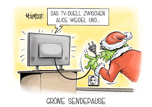 Cartoon: Grüne Sendepause (medium) by Mirco Tomicek tagged tv,duell,afd,grüne,alice,weidel,robert,habeck,zdf,ard,kanzlerkandidatur,wahlkampf,wahlen,neuwahlen,wahl,neuwahl,wahlprogramm,fernsehen,interview,grinch,karikatur,pressekarikatur,cartoon,mirco,tomicek,tv,duell,afd,grüne,alice,weidel,robert,habeck,zdf,ard,kanzlerkandidatur,wahlkampf,wahlen,neuwahlen,wahl,neuwahl,wahlprogramm,fernsehen,interview,grinch,karikatur,pressekarikatur,cartoon,mirco,tomicek