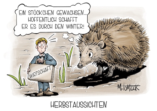 Cartoon: Herbstaussichten (medium) by Mirco Tomicek tagged deutsche,wirtschaft,konjunktur,inland,bruttoinlandsprodukt,industrie,arbeit,wachstum,wirtschaftlich,igel,herbst,karikatur,cartoon,pressekarikatur,mirco,tomicek,deutsche,wirtschaft,konjunktur,inland,bruttoinlandsprodukt,industrie,arbeit,wachstum,wirtschaftlich,igel,herbst,karikatur,cartoon,pressekarikatur,mirco,tomicek