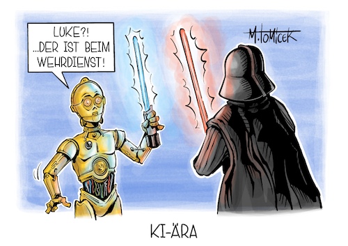 Cartoon: KI-Ära (medium) by Mirco Tomicek tagged star,wars,c3po,darth,vader,laserschwert,lichtschwert,ki,ära,künstliche,intelligenz,roboter,wort,des,jahres,bundesregierung,bundestag,abstimmung,wehrdienst,wehrpflicht,bundeswehr,soldaten,jungend,krieg,verteidigung,karikatur,pressekarikatur,cartoon,mirco,tomicek,star,wars,c3po,darth,vader,laserschwert,lichtschwert,ki,ära,künstliche,intelligenz,roboter,wort,des,jahres,bundesregierung,bundestag,abstimmung,wehrdienst,wehrpflicht,bundeswehr,soldaten,jungend,krieg,verteidigung,karikatur,pressekarikatur,cartoon,mirco,tomicek