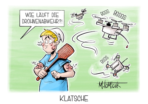 Cartoon: Klatsche (medium) by Mirco Tomicek tagged drohnenabwehr,abwehr,drohnen,drohne,flughafen,leipzig,militär,bundeswehr,luftraum,sicherheit,verteidigung,flugplatz,karikatur,cartoon,pressekarikatur,mirco,tomicek,drohnenabwehr,abwehr,drohnen,drohne,flughafen,leipzig,militär,bundeswehr,luftraum,sicherheit,verteidigung,flugplatz,karikatur,cartoon,pressekarikatur,mirco,tomicek