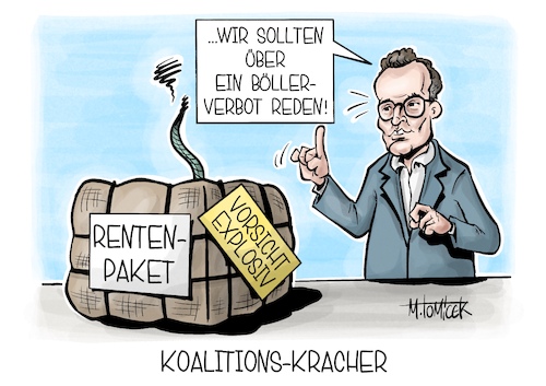 Cartoon: Koalitions-Kracher (medium) by Mirco Tomicek tagged koalition,union,cdu,csu,spd,regierung,rente,renten,rentenpaket,paket,jens,spahn,merz,krach,debatte,junge,jugend,abstimmung,arbeit,böllerverbot,böller,verbot,verbieten,knaller,raketen,silvester,feuerwerk,karikatur,pressekarikatur,cartoon,mirco,tomicek,koalition,union,cdu,csu,spd,regierung,rente,renten,rentenpaket,paket,jens,spahn,merz,krach,debatte,junge,jugend,abstimmung,arbeit,böllerverbot,böller,verbot,verbieten,knaller,raketen,silvester,feuerwerk,karikatur,pressekarikatur,cartoon,mirco,tomicek