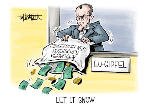 Cartoon: Let it Snow (medium) by Mirco Tomicek tagged friedrich,merz,regierung,regierungserklärung,erklärung,eu,gipfel,europa,eingefrorenes,russisches,vermögen,russland,ukraine,krieg,unterstützung,verteidigung,geld,finanzen,frau,holle,karikatur,cartoon,pressekarikatur,mirco,tomicek,friedrich,merz,regierung,regierungserklärung,erklärung,eu,gipfel,europa,eingefrorenes,russisches,vermögen,russland,ukraine,krieg,unterstützung,verteidigung,geld,finanzen,frau,holle,karikatur,cartoon,pressekarikatur,mirco,tomicek
