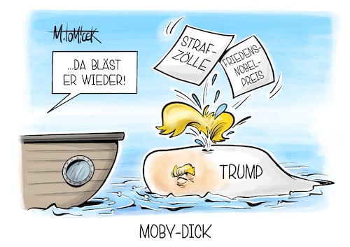 Cartoon: Moby-Dick (medium) by Mirco Tomicek tagged donald,trump,strafzoll,strafzölle,zoll,zölle,frist,verschoben,china,zollpolitik,us,usa,amerika,benjamin,netanjahu,nobelpreis,friedensnobelpreis,vorgeschlagen,wirtschaft,industrie,moby,dick,karikatur,pressekarikatur,cartoon,mirco,tomicek,donald,trump,strafzoll,strafzölle,zoll,zölle,frist,verschoben,china,zollpolitik,us,usa,amerika,benjamin,netanjahu,nobelpreis,friedensnobelpreis,vorgeschlagen,wirtschaft,industrie,moby,dick,karikatur,pressekarikatur,cartoon,mirco,tomicek