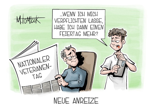 Cartoon: Neue Anreize (medium) by Mirco Tomicek tagged erster,nationaler,veteranentag,veteranen,soldaten,soldat,bundeswehr,militär,freiwilliger,wehrdienst,wehr,cartoon,karikatur,pressekarikatur,mirco,tomicek,erster,nationaler,veteranentag,veteranen,soldaten,soldat,bundeswehr,militär,freiwilliger,wehrdienst,wehr,cartoon,karikatur,pressekarikatur,mirco,tomicek
