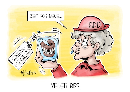 Cartoon: Neuer Biss (medium) by Mirco Tomicek tagged spd,generalsekretär,matthias,miersch,kevin,kühnert,wahlkampf,wahlen,alte,dame,frau,gebiss,karikatur,pressekarikatur,cartoon,mirco,tomicek,spd,generalsekretär,matthias,miersch,kevin,kühnert,wahlkampf,wahlen,alte,dame,frau,gebiss,karikatur,pressekarikatur,cartoon,mirco,tomicek