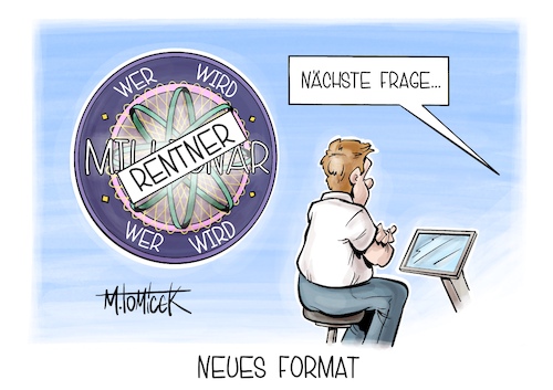Cartoon: Neues Format (medium) by Mirco Tomicek tagged rentenreform,rente,reform,renten,rentner,arbeit,wer,wird,millionär,merz,koalition,karikatur,cartoon,pressekarikatur,mirco,tomicek,rentenreform,rente,reform,renten,rentner,arbeit,wer,wird,millionär,merz,koalition,karikatur,cartoon,pressekarikatur,mirco,tomicek