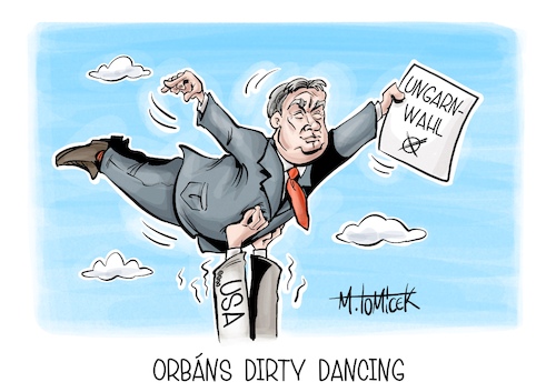 Cartoon: Orbans Dirty Dancing (medium) by Mirco Tomicek tagged ungarn,parlamentswahl,parlament,wahl,wahlen,us,vize,jd,vance,america,wahlhilfe,stimmen,viktor,orban,wahlkampf,dirty,dancing,karikatur,cartoon,pressekarikatur,mirco,tomicek,ungarn,parlamentswahl,parlament,wahl,wahlen,us,vize,jd,vance,america,wahlhilfe,stimmen,viktor,orban,wahlkampf,dirty,dancing,karikatur,cartoon,pressekarikatur,mirco,tomicek