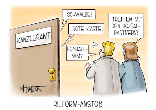 Cartoon: Reform-Anstoß (medium) by Mirco Tomicek tagged kanzleramt,koalition,reformen,reform,sozialpartner,arbeitgeber,gewerkschaft,gewerkschaften,kanzler,fußball,wm,weltmeisterschaft,eröffnung,eröffnungsspiel,karikatur,cartoon,pressekarikatur,mirco,tomicek,kanzleramt,koalition,reformen,reform,sozialpartner,arbeitgeber,gewerkschaft,gewerkschaften,kanzler,fußball,wm,weltmeisterschaft,eröffnung,eröffnungsspiel,karikatur,cartoon,pressekarikatur,mirco,tomicek