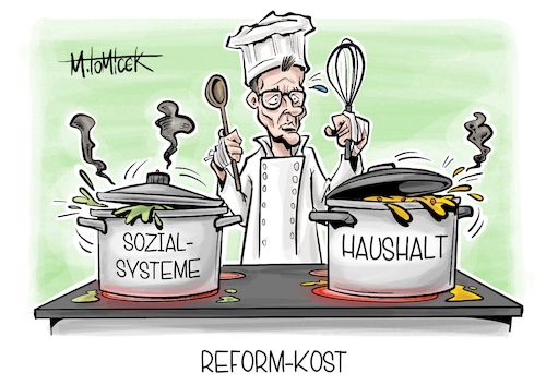 Cartoon: Reform-Kost (medium) by Mirco Tomicek tagged sozial,sozialsysteme,system,systeme,kommission,bürgergeld,wohngeld,kinderzuschlag,wohnen,bürger,geld,reformen,reformiert,haushalt,haushaltsentwürfe,haushaltspläne,koalition,regierung,union,spd,friedrich,merz,küche,karikatur,pressekarikatur,cartoon,mirco,tomicek,sozial,sozialsysteme,system,systeme,kommission,bürgergeld,wohngeld,kinderzuschlag,wohnen,bürger,geld,reformen,reformiert,haushalt,haushaltsentwürfe,haushaltspläne,koalition,regierung,union,spd,friedrich,merz,küche,karikatur,pressekarikatur,cartoon,mirco,tomicek