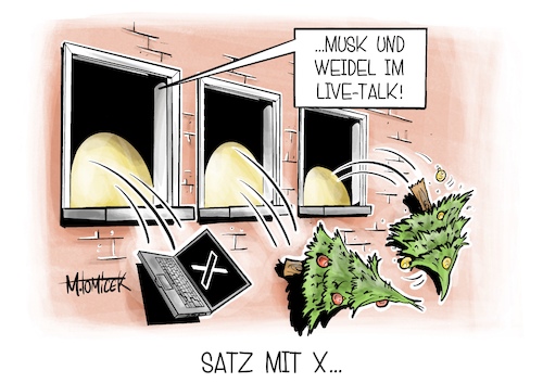 Cartoon: Satz mit X (medium) by Mirco Tomicek tagged elon,musk,alice,weidel,live,talk,twitter,plattform,chat,livechat,afd,alternative,für,deutschland,neuwahlen,wahlen,neuwahl,tesla,chef,tech,milliardär,gespräch,politik,online,tannenbaum,karikatur,pressekarikatur,cartoon,mirco,tomicek,elon,musk,alice,weidel,live,talk,twitter,plattform,chat,livechat,afd,alternative,für,deutschland,neuwahlen,wahlen,neuwahl,tesla,chef,tech,milliardär,gespräch,politik,online,tannenbaum,karikatur,pressekarikatur,cartoon,mirco,tomicek