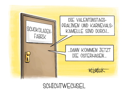 Cartoon: Schichtwechsel (medium) by Mirco Tomicek tagged kamelle,rosenmontag,karneval,straßenkarneval,fasching,fastnacht,kostüme,umzüge,umzug,rosenmontagsumzüge,valentinstag,pralinen,schokolade,osterhasen,ostern,karikatur,pressekarikatur,cartoon,mirco,tomicek,kamelle,rosenmontag,karneval,straßenkarneval,fasching,fastnacht,kostüme,umzüge,umzug,rosenmontagsumzüge,valentinstag,pralinen,schokolade,osterhasen,ostern,karikatur,pressekarikatur,cartoon,mirco,tomicek