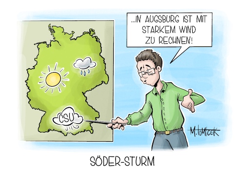 Cartoon: Söder-Sturm (medium) by Mirco Tomicek tagged csu,parteitag,augsburg,markus,söder,rede,parteien,cdu,union,merz,wahlkamp,wahl,wahlen,sturm,wind,tornado,karikatur,pressekarikatur,cartoon,mirco,tomicek,csu,parteitag,augsburg,markus,söder,rede,parteien,cdu,union,merz,wahlkamp,wahl,wahlen,sturm,wind,tornado,karikatur,pressekarikatur,cartoon,mirco,tomicek