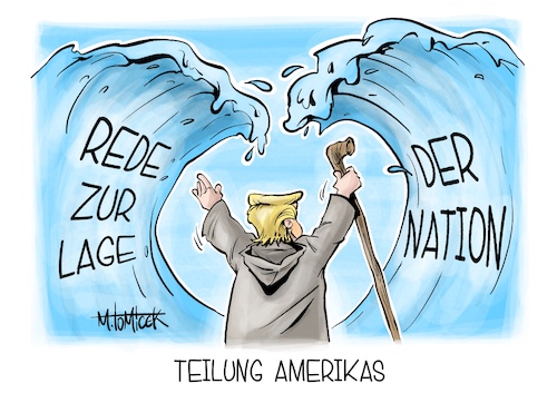 Cartoon: Teilung Amerikas (medium) by Mirco Tomicek tagged amerika,us,usa,donald,trump,rede,zur,lage,der,nation,reden,wirtschaft,industrie,zölle,karikatur,pressekarikatur,cartoon,mirco,tomicek,amerika,us,usa,donald,trump,rede,zur,lage,der,nation,reden,wirtschaft,industrie,zölle,karikatur,pressekarikatur,cartoon,mirco,tomicek