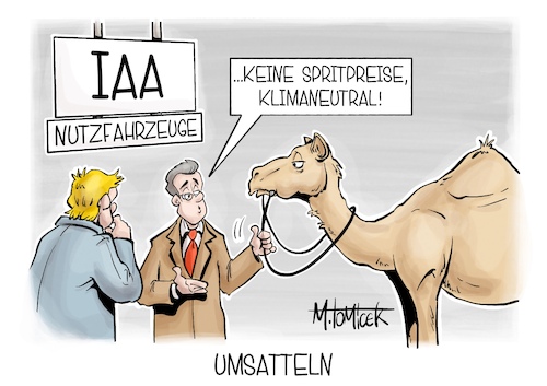 Cartoon: Umsatteln (medium) by Mirco Tomicek tagged messe,iaa,nutzfahrzeuge,neuheiten,nutzfahrzeug,fahrzeuge,autos,lkw,auto,sprit,spritpreise,benzin,diesel,öl,ölpreise,tanken,tankstellen,industrie,wirtschaft,karikatur,cartoon,pressekarikatur,mirco,tomicek,messe,iaa,nutzfahrzeuge,neuheiten,nutzfahrzeug,fahrzeuge,autos,lkw,auto,sprit,spritpreise,benzin,diesel,öl,ölpreise,tanken,tankstellen,industrie,wirtschaft,karikatur,cartoon,pressekarikatur,mirco,tomicek