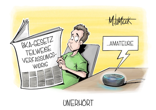 Cartoon: Unerhört (medium) by Mirco Tomicek tagged urteil,bka,verfassunsgwidrig,teils,teilweise,bundesverfassungsgericht,gericht,bundeskriminalamt,daten,datenspeicherung,datenerfassung,verdachtsfälle,kriminalität,digital,alexa,echo,karikatur,pressekarikatur,cartoon,mirco,tomicek,urteil,bka,verfassunsgwidrig,teils,teilweise,bundesverfassungsgericht,gericht,bundeskriminalamt,daten,datenspeicherung,datenerfassung,verdachtsfälle,kriminalität,digital,alexa,echo,karikatur,pressekarikatur,cartoon,mirco,tomicek