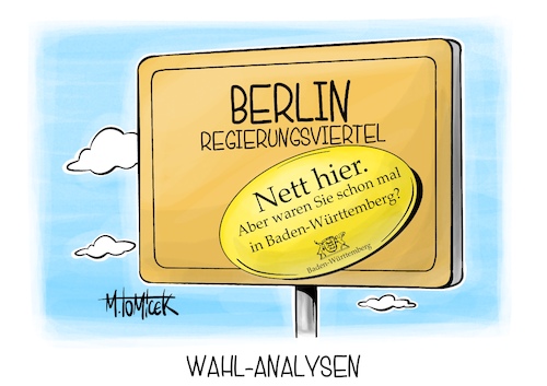 Cartoon: Wahl-Analysen (medium) by Mirco Tomicek tagged landtagswahl,landtagswahlen,baden,württemberg,wahlsieger,cem,özdemir,grüne,grünen,spd,union,cdu,koalition,berlin,wahlen,wahl,wahlergebnisse,nett,hier,aufkleber,sticker,cartoon,karikatur,pressekarikatur,mirco,tomicek,landtagswahl,landtagswahlen,baden,württemberg,wahlsieger,cem,özdemir,grüne,grünen,spd,union,cdu,koalition,berlin,wahlen,wahl,wahlergebnisse,nett,hier,aufkleber,sticker,cartoon,karikatur,pressekarikatur,mirco,tomicek