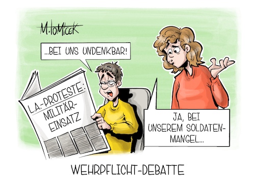 Cartoon: Wehrpflicht-Debatte (medium) by Mirco Tomicek tagged los,angeles,la,proteste,protest,demo,demonstration,demos,ausschreitungen,ausschreitung,donald,trump,militär,militäreinsatz,ausgangssperre,usa,amerika,us,wehrpflicht,debatte,bundeswehr,soldaten,soldat,karikatur,pressekarikatur,cartoon,mirco,tomicek,los,angeles,la,proteste,protest,demo,demonstration,demos,ausschreitungen,ausschreitung,donald,trump,militär,militäreinsatz,ausgangssperre,usa,amerika,us,wehrpflicht,debatte,bundeswehr,soldaten,soldat,karikatur,pressekarikatur,cartoon,mirco,tomicek